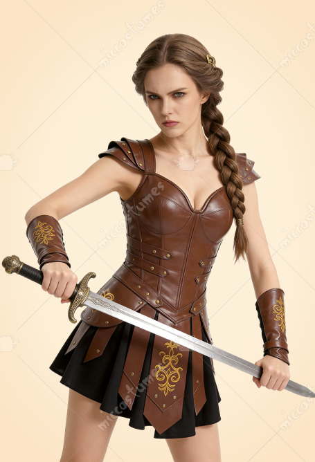 Ancient Roman Female Gladiator Outfit Warrior's Corset Dress with Wristbands and Gauntlets