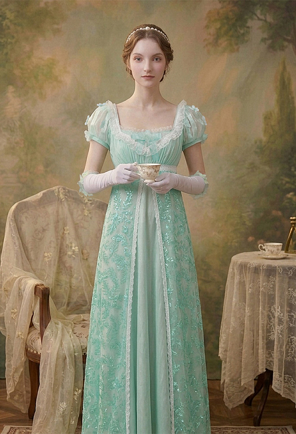 regency dress green Green Regency Style Empire Dress with Floral Lace JOANNE Size 16W / Green