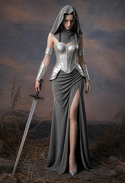 Daizbella Medieval Elegant Chainmail Female Warrior Outfit Corset and Skirt with Hood and Neck Gaiter