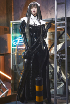 Miccostumes x Mobbunny x Chowbie Sisters Sexy Lingerie Set Halloween Black Nun Costume Bodysuit Jumpsuit with Collar Headband Necklace