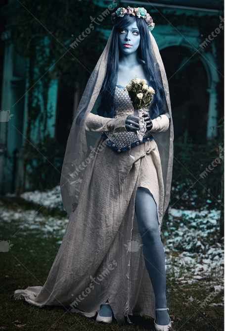 Corpse Bride Skelett Emily Cosplay Kleid Halloween Kostüm enthält Schleier