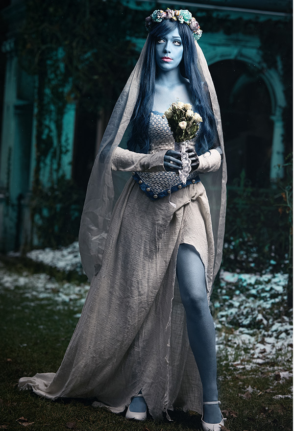 Corpse Bride Skelett Emily Cosplay Kleid Halloween Kostüm enthält Schleier