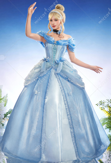 Premium Ver Cinderella Cosplay Costume Princess Puff Sleeve Dress with Choker and Headband