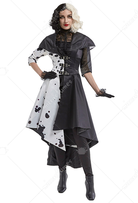 Cruella de Vil Cosplay Kleid Mantel Handschuhe Cosplay Kostüm