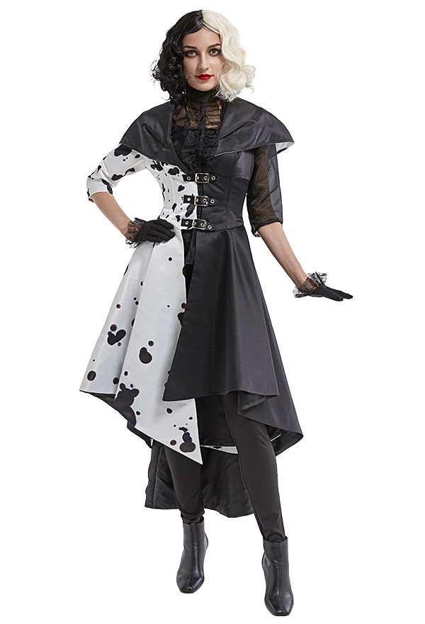 Cruella de Vil Cosplay Costume Black and White Coat with Top and Pants Outfit