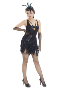 Chicago Showgirl Black Dress with Fishnet Pantyhose and Gloves