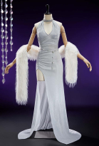 Kpop Slayers Leader Vocal Derivative Gown Deep V High Slit Dress with Waist Chain and Fur Stole