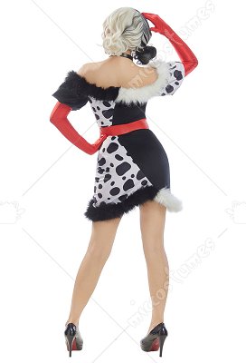 101 Dalmatians Cruella Cosplay Costume Black White Spotted Dress with Choker view 2