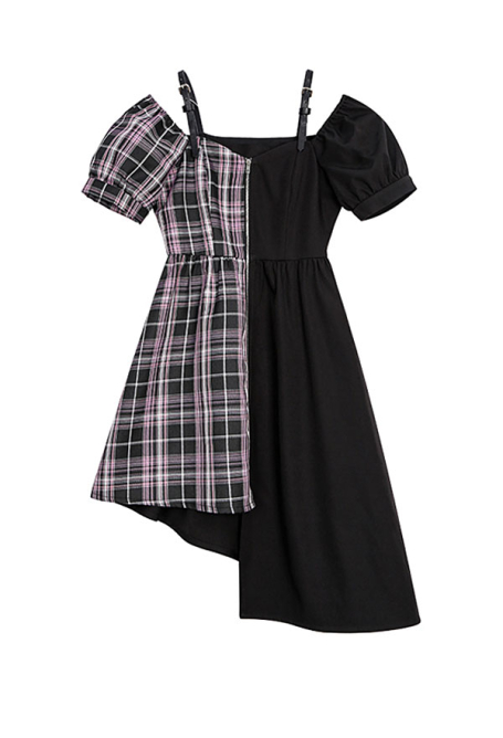 Woman Sweet Punk Plaid Pattern Spliced Short Sleeves Irregular Suspender Dress Cosplay Costume Outfit
