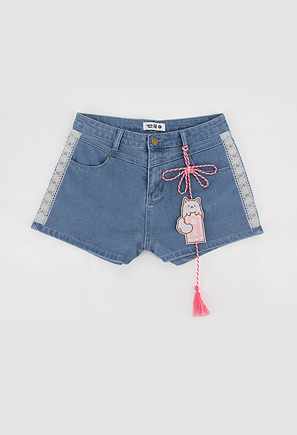 Woman Casual Cute High Waist Stretchy Denim Jean Shorts with Lace And Hang Decorations
