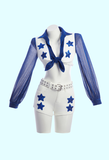 Cowboys Cheerleaders Outfit Blue Star Uniform Top and Shorts with Belt