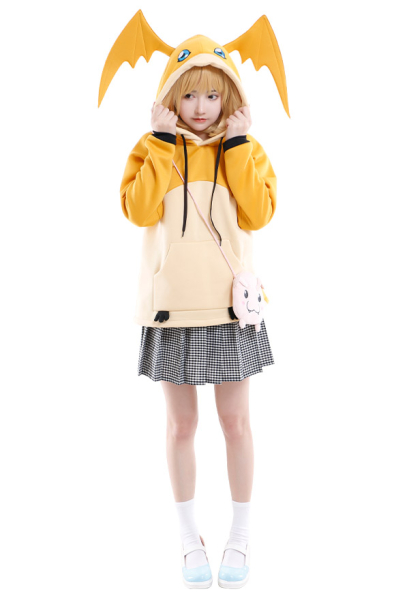 Digital Monster Digimon Patamon Hoodie Cosplay Costume Cute Winged Drawstring Hooded Sweatshirt Embroidered Pullover Oversized Daily Outfits with Pocket Crossbody Bag