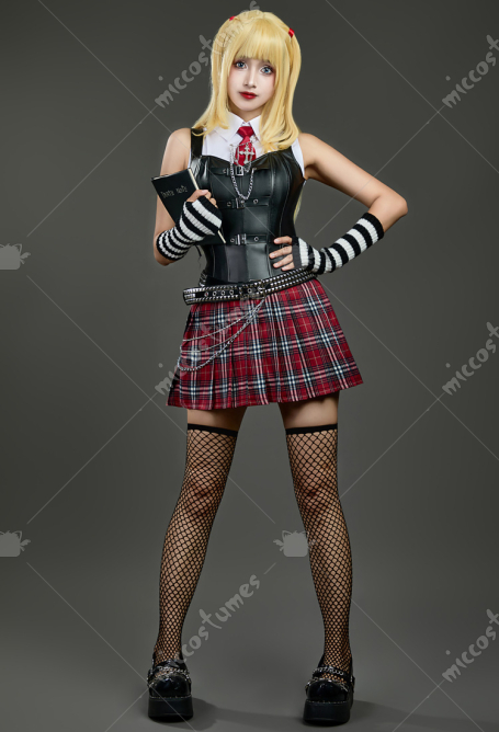 Death Book MisaMisa Cosplay Costume Shirt Vest Set with Red Plaid Skirt and Waist Chain