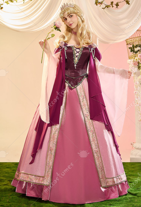 Premium Ver Sleeping Beauty Princess Aurora Cosplay Costume Dress with Ribbon and Choker
