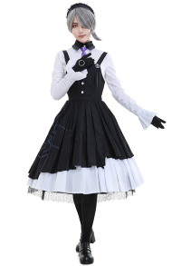 Gothic Vintage Maid Dress Dark Court Style Black and White Lace Decorated Petti Dress Halloweeen Costume with Gloves