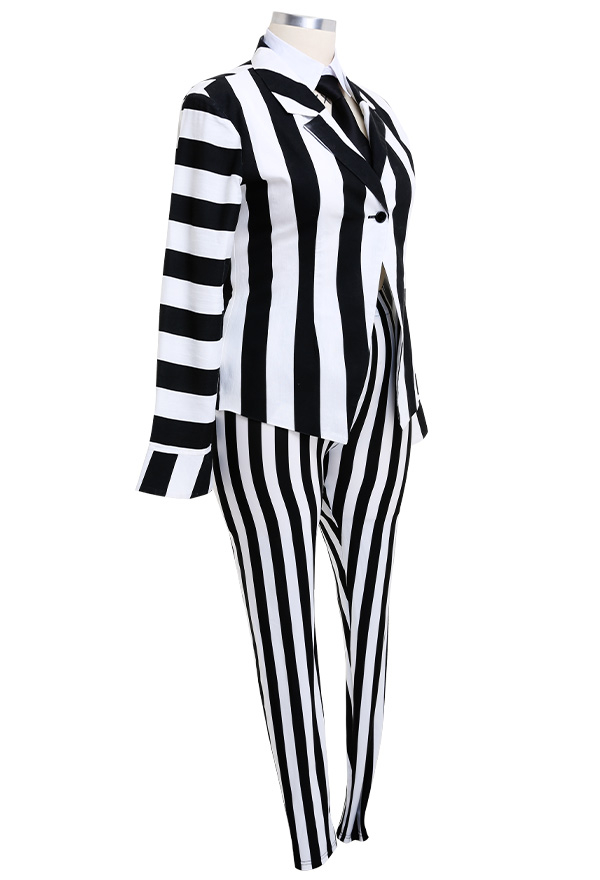 Costume de Halloween Cosplay Clown à Rayures Verticales Noires et Blanches pour Femme avec Cravate Curvy Cosplay Grande Taille