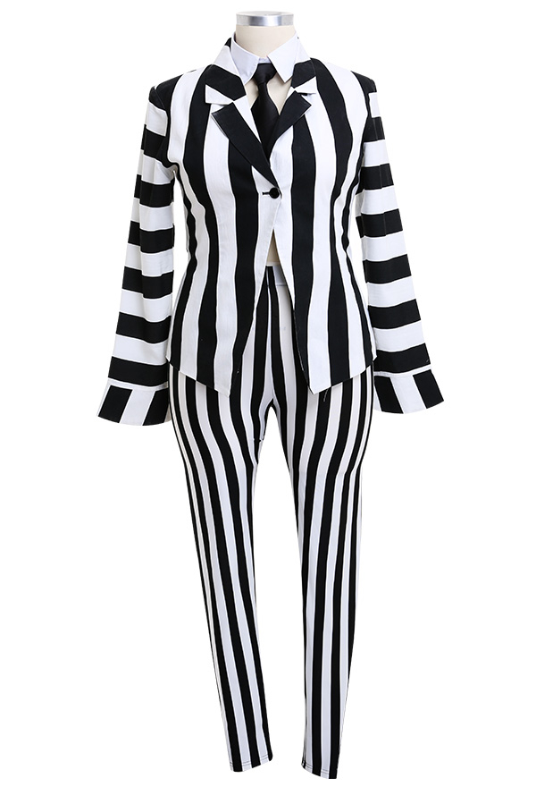 Costume de Halloween Cosplay Clown à Rayures Verticales Noires et Blanches pour Femme avec Cravate Curvy Cosplay Grande Taille