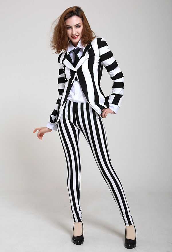 Costume de Halloween Cosplay Clown à Rayures Verticales Noires et Blanches pour Femme avec Cravate