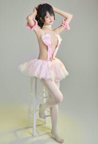 Flamingo Ballet Group Ponytail Girl Cosplay Costume Pink TuTu Dress with Crown Choker and Pantyhose