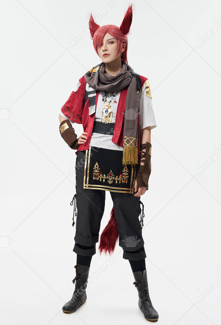 FF XIV G'raha Tia Cosplay Costume Unisex Casual Outfit Shirt and Pants with Jacket and Gloves