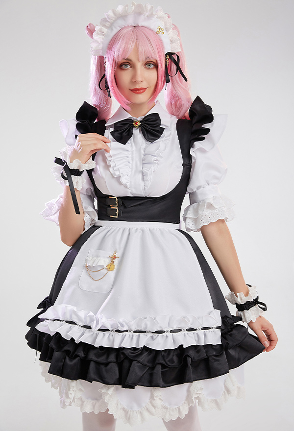 FF14 Uniforme de Femme de Ménage Costume de Cosplay Tenue de Femme de Chambre Robe et Chemisier avec Tablier