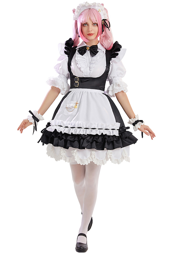 FF14 Uniforme de Femme de Ménage Costume de Cosplay Tenue de Femme de Chambre Robe et Chemisier avec Tablier