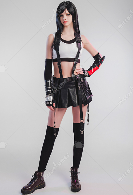 FF7 Remake Tifa Cosplay Costume Women Activewear Crop Top and Skirt with Gloves and Thigh Socks