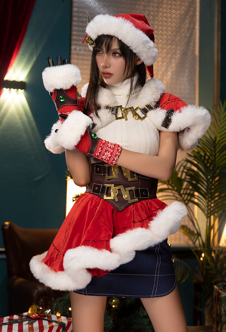 FF Tifa Cosplay Costume Christmas Sweater Cape with Red Skirt