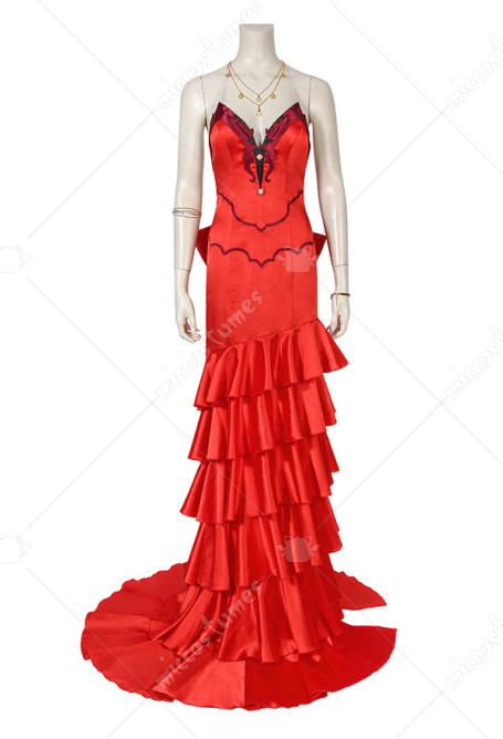 FF Aeris Cosplay Costume Red Dress with Necklace Bracelet