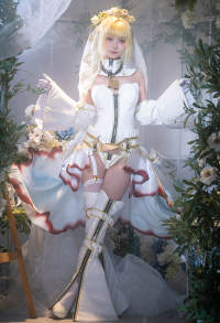 FGO Nero Cosplay Costume Bride Suit Bodysuit and Back Skirt with Sleeves Veil