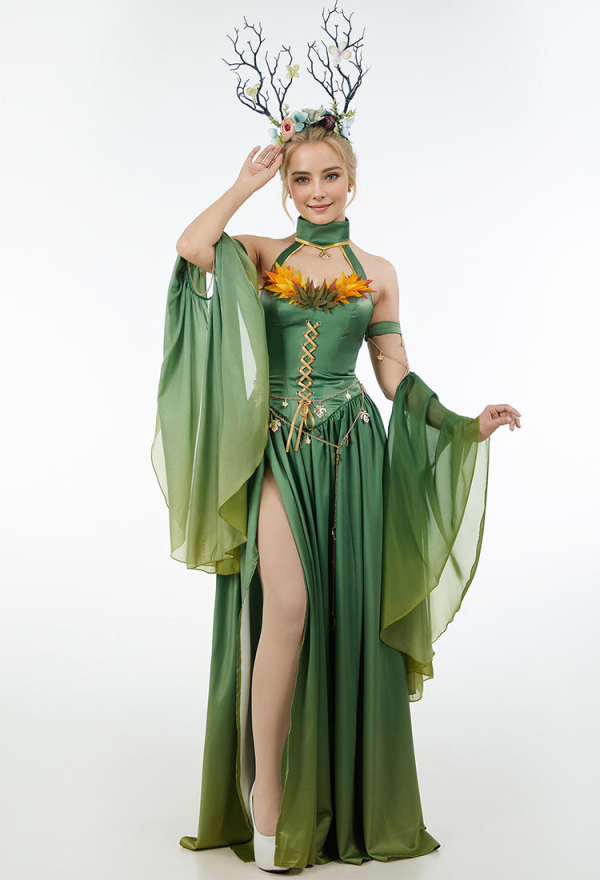 Women Medieval Renaissance Elf Costume Green Gradient Fairy