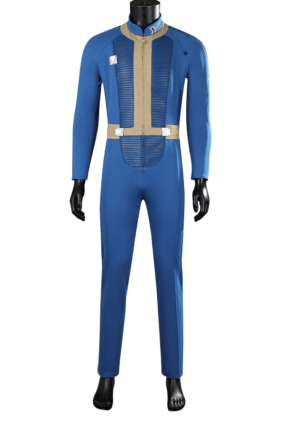 Fallout Cosplay Costume Vault 33 Suit Men's Blue One-Piece Zipper Tight Jumpsuit and Decoration