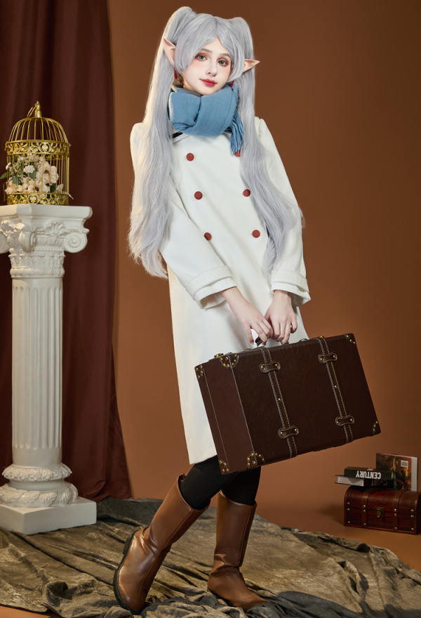 Anime Girl In Fur Jacket Women Frieren Costume White Long Coat - Main Image