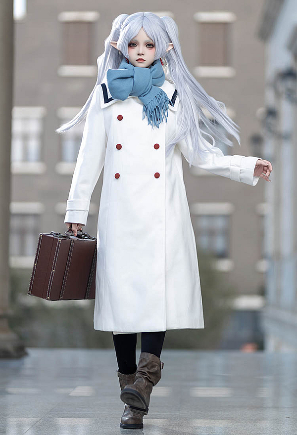 葬送のフリーレン　コスプレ　冬服 Women Friren Costume - White Long Coat with Scarf and Pantyhose