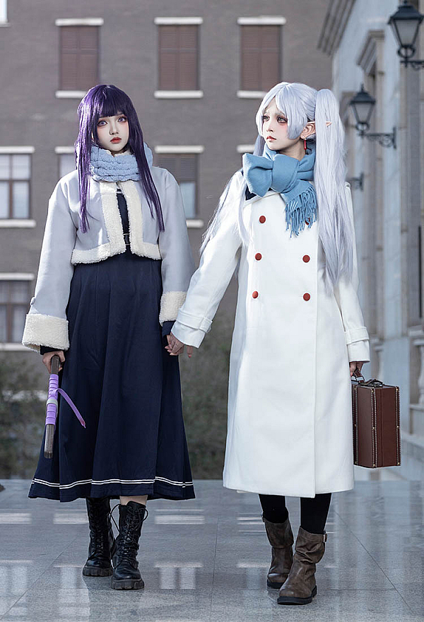 Women Friren Costume - White Long Coat with Scarf and Pantyhose