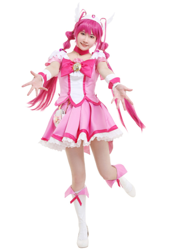 Glitter Force Miyuki Hoshizora Emily Anderson Cure Happy Glitter Pink Kleid Cosplay Kostüm mit Bow Bauchtasche Kopfschmuck