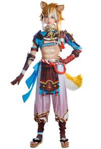 Genshin Impact Gorou Short Top and Pants Set Cosplay Costume with Apron and Headdress