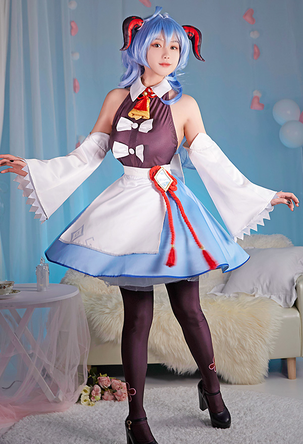 Genshin Impact Costume de Cosplay Ganyu Café Maid Top et Jupe Set avec Collant