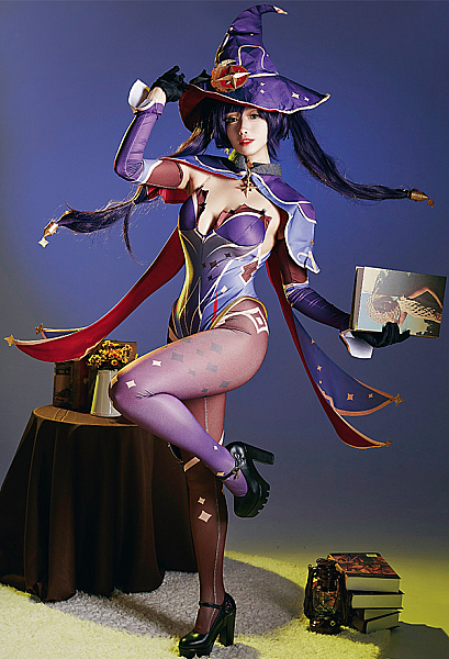 Genshin Impact Astrologist Mona Megistus Bodysuit Set Cosplay Costume Outfits with Hat and Shawl