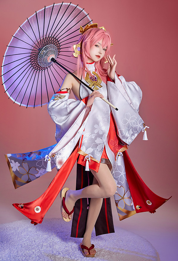 Genshin Impact Yae Miko Kimono Dress Set Cosplay Costume with Sleeves and Obi