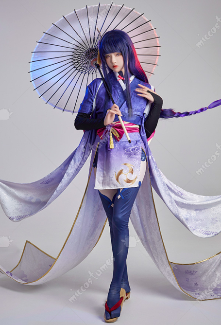 Genshin Impact Raiden Shogun Ei Kimono Uniform Cosplay Costume with Waist Corset Pantyhose