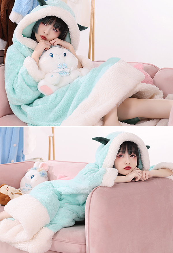 Genshin Impact Xiao Derivative Hooded Robes Long Loose Homewear Winter Plush Dress Wearable Blanket