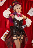 Genshin Impact Lyney Cosplay Kostüm Einteiler und Schultertuch mit Hut und Handschuhen