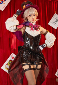 Genshin Impact Lyney Cosplay Kostüm Einteiler und Schultertuch mit Hut und Handschuhen