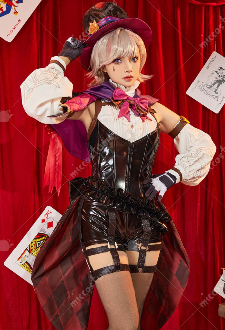 Genshin Impact Lyney Cosplay Costume Jumpsuit and Shawl with Hat and Gloves