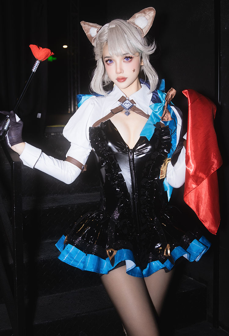 Genshin Impact Lynette Cosplay Costume Bodysuit and Shawl with Tail and Gloves