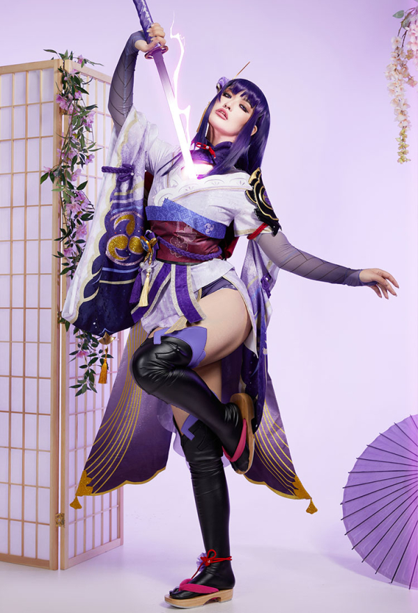 Genshin Impact Raiden Shogun Kimono Cosplay Lila Cosplay Kostüm mit Tattoo-Aufkleber Obi Socken Zubehör