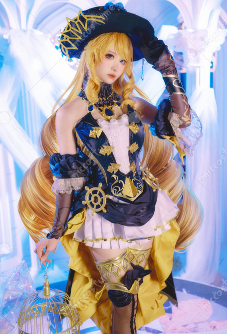 Genshin Impact Navia Cosplay Costume Dress and Shorts with Hat and Thigh Socks