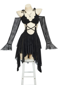 Halloween Gothic Cutout Dress Spider Web Off-shoulder Irregular Dress with Necklace