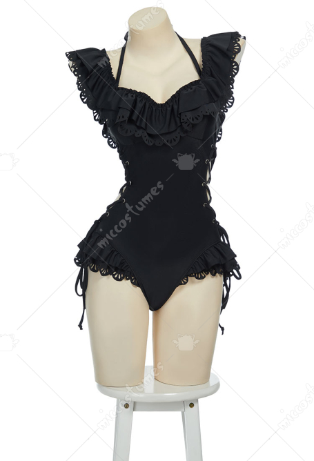 Gothic Victorian Black Bathing Suit Vintage Cross Lace-up One Piece Swimsuit